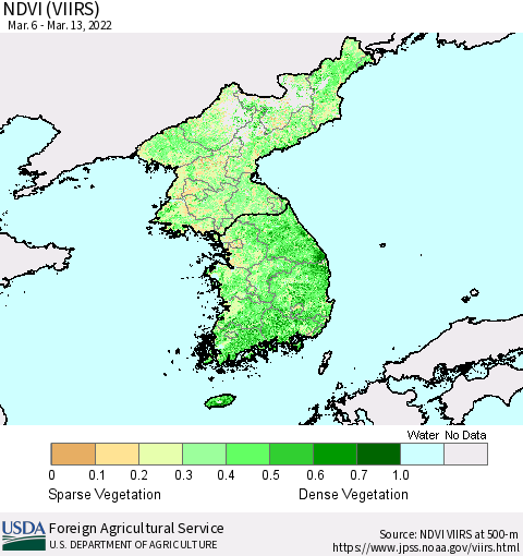 Korea NDVI (VIIRS) Thematic Map For 3/11/2022 - 3/20/2022