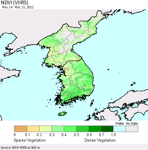 Korea NDVI (VIIRS) Thematic Map For 3/14/2022 - 3/21/2022