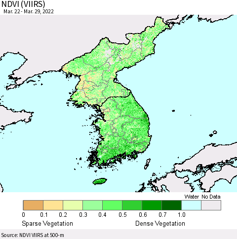 Korea NDVI (VIIRS) Thematic Map For 3/22/2022 - 3/29/2022