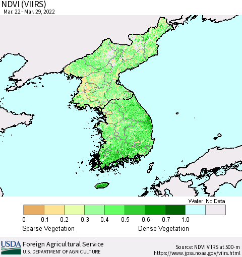 Korea NDVI (VIIRS) Thematic Map For 3/21/2022 - 3/31/2022