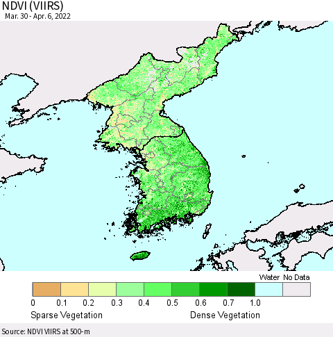 Korea NDVI (VIIRS) Thematic Map For 3/30/2022 - 4/6/2022