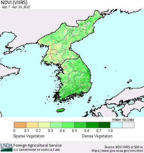 Korea NDVI (VIIRS) Thematic Map For 4/11/2022 - 4/20/2022