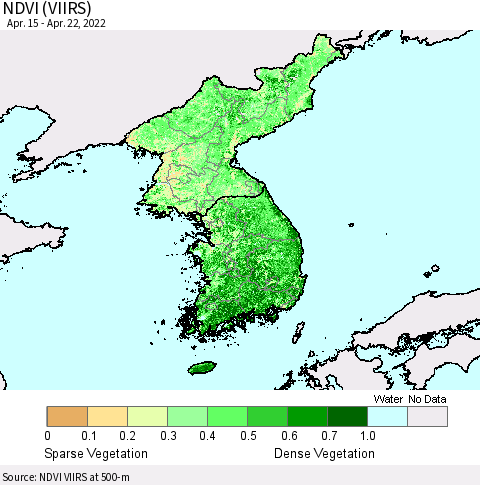 Korea NDVI (VIIRS) Thematic Map For 4/15/2022 - 4/22/2022