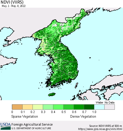 Korea NDVI (VIIRS) Thematic Map For 5/1/2022 - 5/10/2022