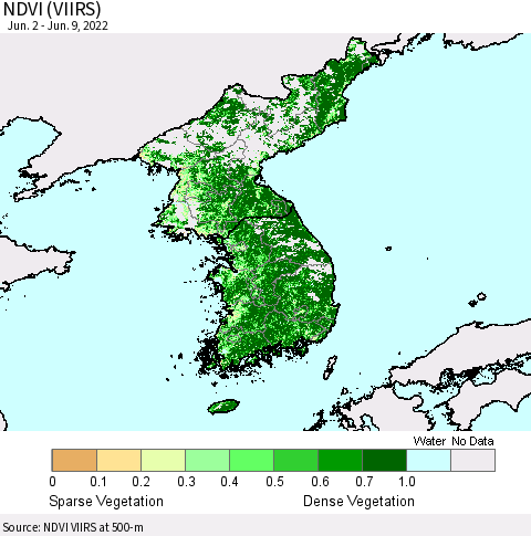 Korea NDVI (VIIRS) Thematic Map For 6/2/2022 - 6/9/2022