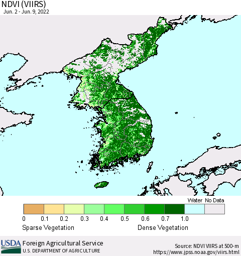 Korea NDVI (VIIRS) Thematic Map For 6/1/2022 - 6/10/2022