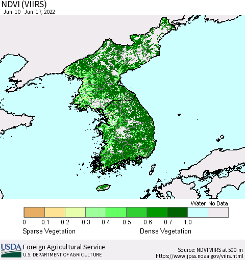 Korea NDVI (VIIRS) Thematic Map For 6/11/2022 - 6/20/2022