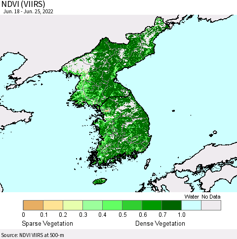 Korea NDVI (VIIRS) Thematic Map For 6/18/2022 - 6/25/2022