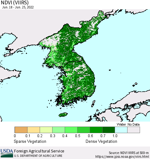 Korea NDVI (VIIRS) Thematic Map For 6/21/2022 - 6/30/2022