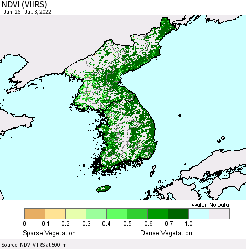 Korea NDVI (VIIRS) Thematic Map For 6/26/2022 - 7/3/2022