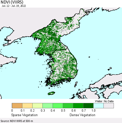 Korea NDVI (VIIRS) Thematic Map For 7/12/2022 - 7/19/2022