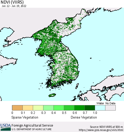 Korea NDVI (VIIRS) Thematic Map For 7/11/2022 - 7/20/2022