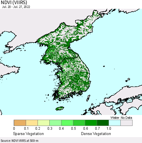 Korea NDVI (VIIRS) Thematic Map For 7/20/2022 - 7/27/2022