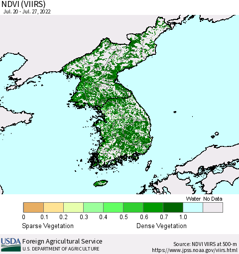 Korea NDVI (VIIRS) Thematic Map For 7/21/2022 - 7/31/2022
