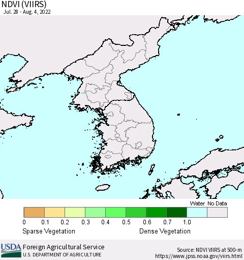 Korea NDVI (VIIRS) Thematic Map For 8/1/2022 - 8/10/2022