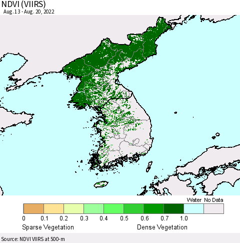 Korea NDVI (VIIRS) Thematic Map For 8/11/2022 - 8/20/2022
