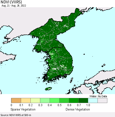Korea NDVI (VIIRS) Thematic Map For 8/21/2022 - 8/28/2022