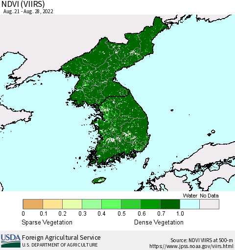Korea NDVI (VIIRS) Thematic Map For 8/21/2022 - 8/31/2022