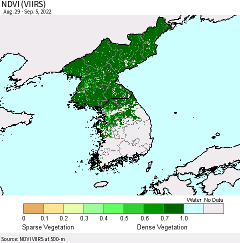 Korea NDVI (VIIRS) Thematic Map For 8/29/2022 - 9/5/2022