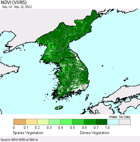 Korea NDVI (VIIRS) Thematic Map For 9/14/2022 - 9/21/2022