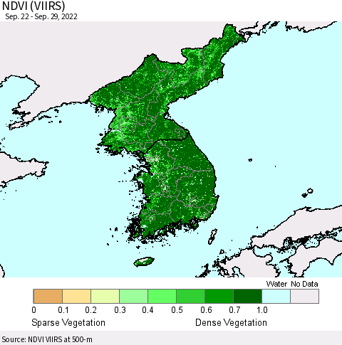 Korea NDVI (VIIRS) Thematic Map For 9/22/2022 - 9/29/2022