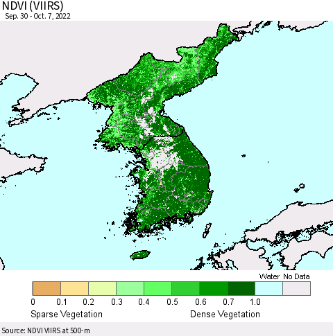 Korea NDVI (VIIRS) Thematic Map For 9/30/2022 - 10/7/2022