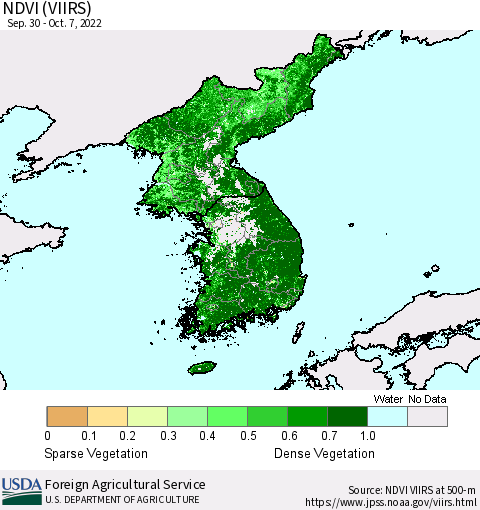 Korea NDVI (VIIRS) Thematic Map For 10/1/2022 - 10/10/2022