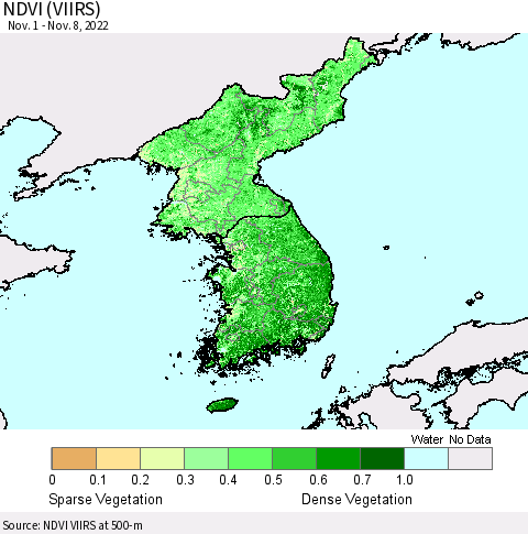 Korea NDVI (VIIRS) Thematic Map For 11/1/2022 - 11/8/2022