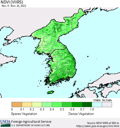 Korea NDVI (VIIRS) Thematic Map For 11/11/2022 - 11/20/2022