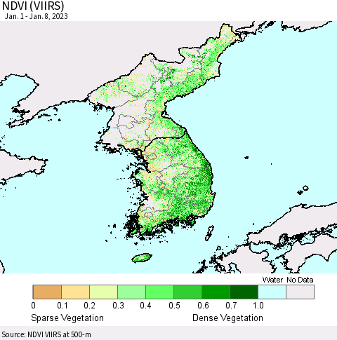 Korea NDVI (VIIRS) Thematic Map For 1/1/2023 - 1/8/2023