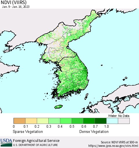 Korea NDVI (VIIRS) Thematic Map For 1/11/2023 - 1/20/2023
