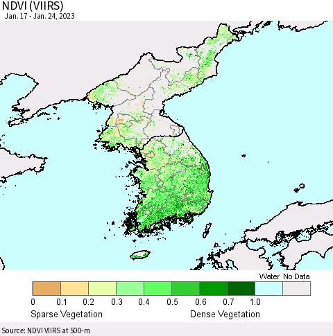 Korea NDVI (VIIRS) Thematic Map For 1/17/2023 - 1/24/2023