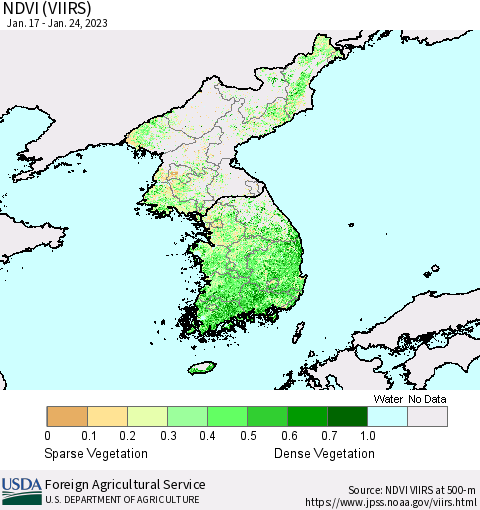 Korea NDVI (VIIRS) Thematic Map For 1/21/2023 - 1/31/2023
