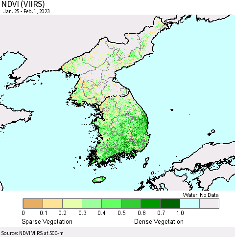 Korea NDVI (VIIRS) Thematic Map For 1/25/2023 - 2/1/2023