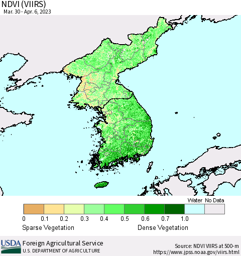 Korea NDVI (VIIRS) Thematic Map For 4/1/2023 - 4/10/2023