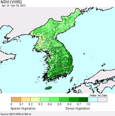Korea NDVI (VIIRS) Thematic Map For 4/23/2023 - 4/30/2023