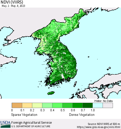 Korea NDVI (VIIRS) Thematic Map For 5/1/2023 - 5/10/2023