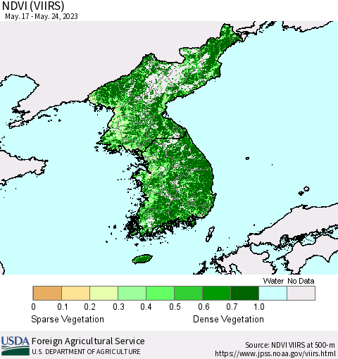Korea NDVI (VIIRS) Thematic Map For 5/21/2023 - 5/31/2023