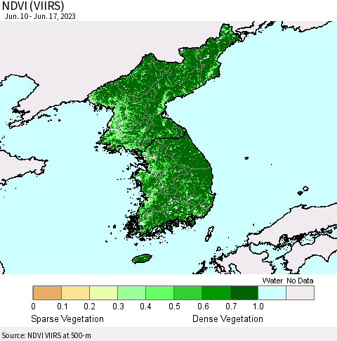 Korea NDVI (VIIRS) Thematic Map For 6/10/2023 - 6/17/2023