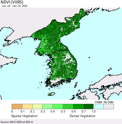 Korea NDVI (VIIRS) Thematic Map For 6/18/2023 - 6/25/2023