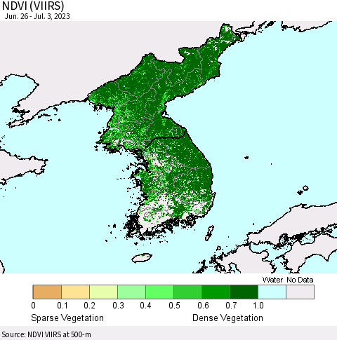 Korea NDVI (VIIRS) Thematic Map For 6/26/2023 - 7/3/2023