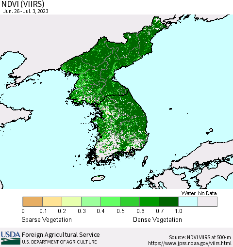 Korea NDVI (VIIRS) Thematic Map For 7/1/2023 - 7/10/2023