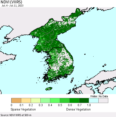 Korea NDVI (VIIRS) Thematic Map For 7/4/2023 - 7/11/2023