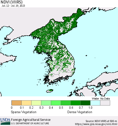 Korea NDVI (VIIRS) Thematic Map For 7/11/2023 - 7/20/2023