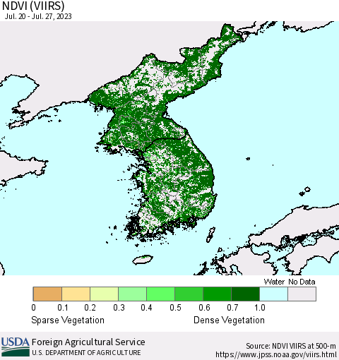 Korea NDVI (VIIRS) Thematic Map For 7/21/2023 - 7/31/2023