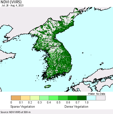 Korea NDVI (VIIRS) Thematic Map For 7/28/2023 - 8/4/2023