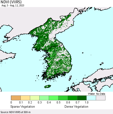 Korea NDVI (VIIRS) Thematic Map For 8/5/2023 - 8/12/2023
