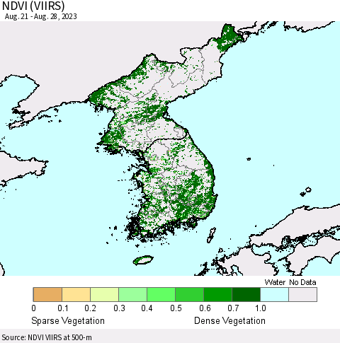 Korea NDVI (VIIRS) Thematic Map For 8/21/2023 - 8/28/2023