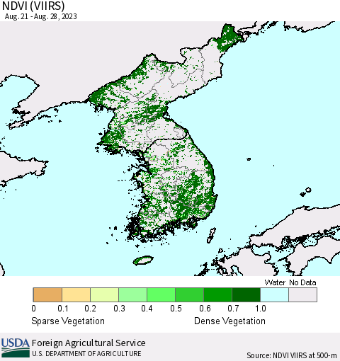 Korea NDVI (VIIRS) Thematic Map For 8/21/2023 - 8/31/2023