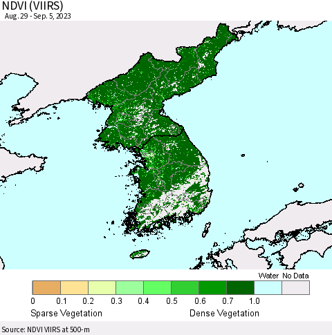 Korea NDVI (VIIRS) Thematic Map For 8/29/2023 - 9/5/2023